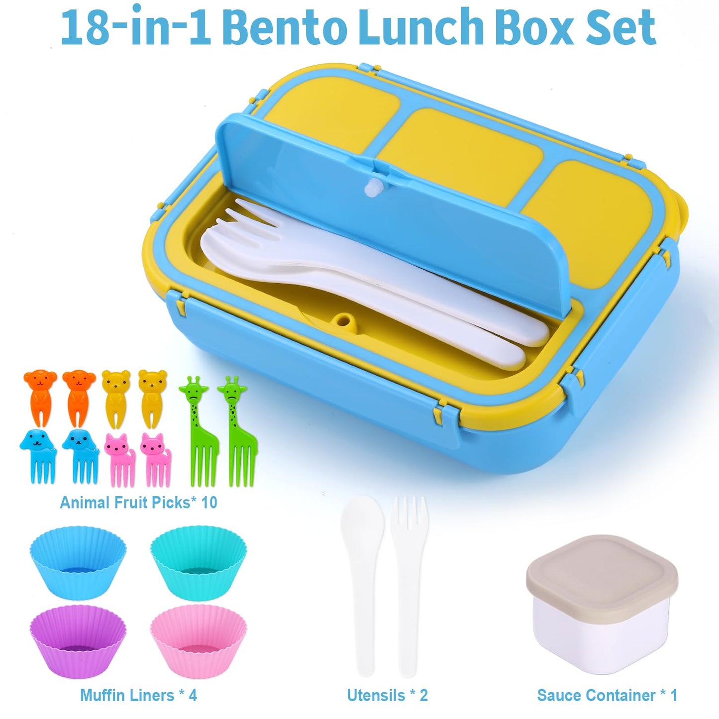 Complete Bento Box Set for Kids & Adults - 4 Compartments Lunch Container with Accessories (40 Oz/5 Cup)