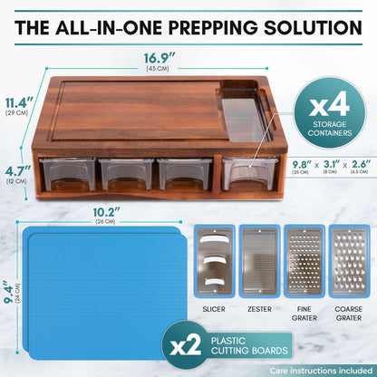 Premium Acacia Wood Cutting Board Meal Prep System with Containers, Lids & Graters