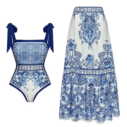 Women's Long Sleeve One-Piece Swimsuit with Skirt