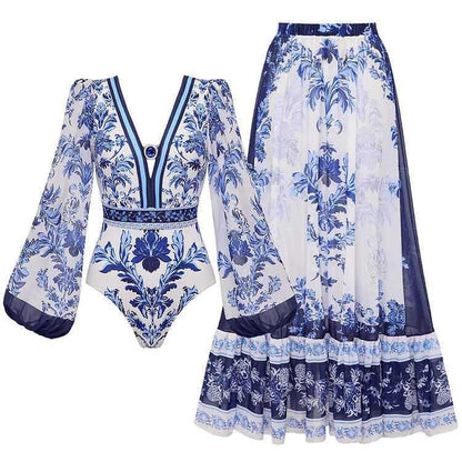 Women's Long Sleeve One-Piece Swimsuit with Skirt