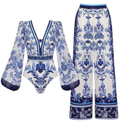 Women's Long Sleeve One-Piece Swimsuit with Skirt