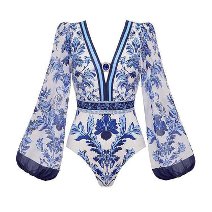 Women's Long Sleeve One-Piece Swimsuit with Skirt