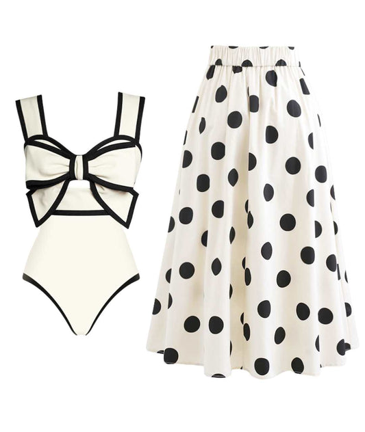 Polka Dot One-Piece Swimsuit with Bow & Skirt
