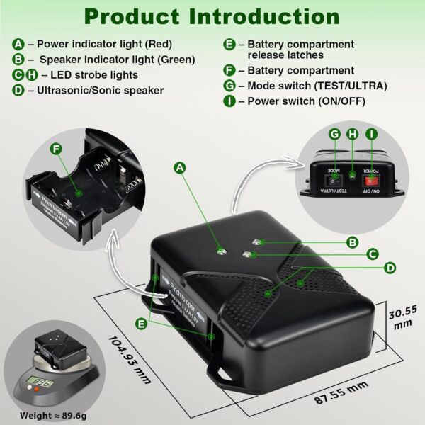 Battery-Powered Ultrasonic Rodent Repellent with Strobe Light for Vehicles and Spaces