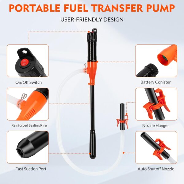 Portable Battery Operated Transfer Pump for Gas, Diesel, Water - 2.6 GPM Siphon Fuel Pump