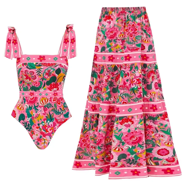 Pink Floral Paradise Print One Piece Swimsuit and Skirt