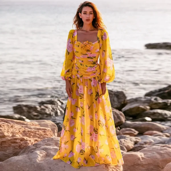 3D Flower Shirring Printed Chiffon Long Sleeves One Piece Swimsuit and Skirt