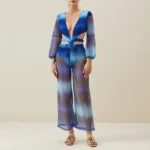 Gradient Blue Deep V Long Sleeve One Piece Swimsuit and Pants