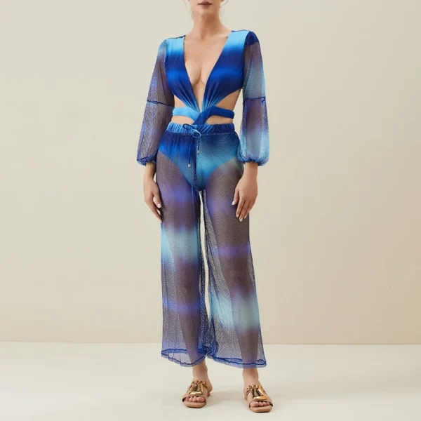 Gradient Blue Deep V Long Sleeve One Piece Swimsuit and Pants