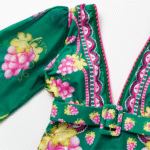 Long-sleeved Retro Green Grapes Print One Piece Swimsuit and Skirt