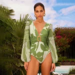 V Neck Long Sleeve Flower Print One Piece Swimsuit and Pants