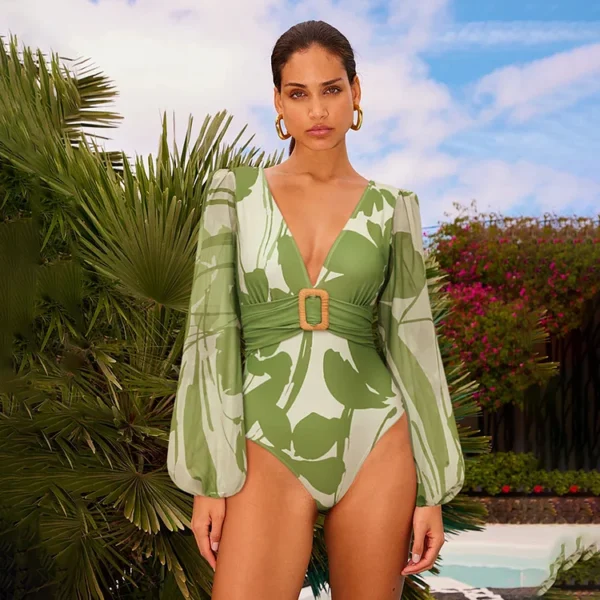 V Neck Long Sleeve Flower Print One Piece Swimsuit and Pants