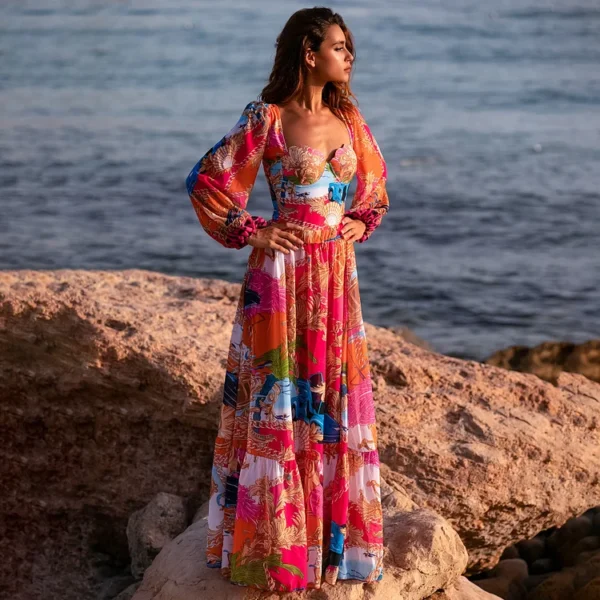Long Sleeve Shell Chest Pad Printed One Piece Swimsuit and Skirt