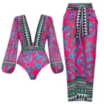Long-sleeved Peacock Totem Print One Piece Swimsuit and Sarong