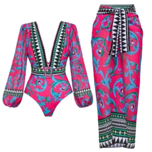 Long-sleeved Peacock Totem Print One Piece Swimsuit and Sarong
