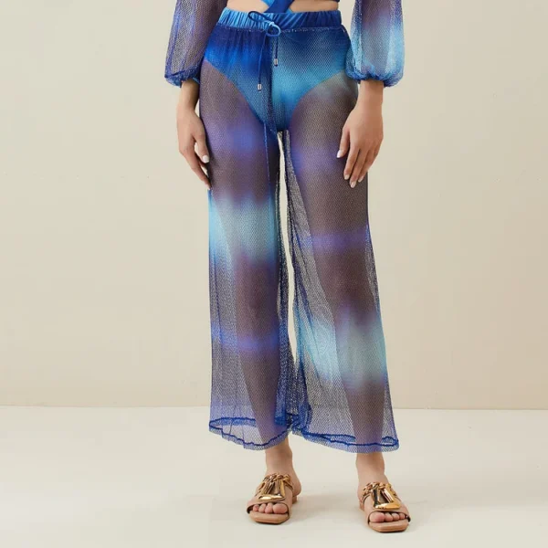 Gradient Blue Deep V Long Sleeve One Piece Swimsuit and Pants