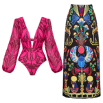 Rose Red Pattern Print Long-sleeved One Piece Swimsuit and Skirt