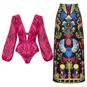 Rose Red Pattern Print Long-sleeved One Piece Swimsuit and Skirt