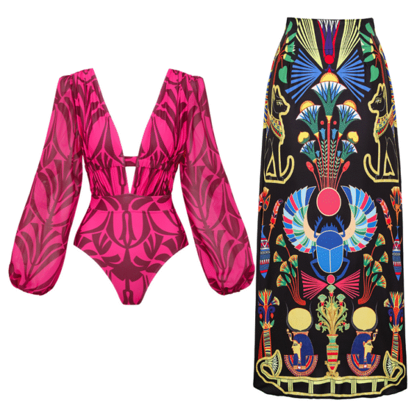 Rose Red Pattern Print Long-sleeved One Piece Swimsuit and Skirt