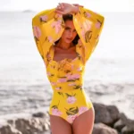 3D Flower Shirring Printed Chiffon Long Sleeves One Piece Swimsuit and Skirt