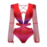 Long Sleeve V Neck Cutout One Piece Swimsuit and Pants