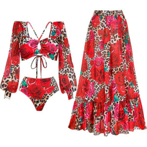 Long Sleeves Leopard Print High-Waist Bikini