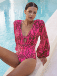 Rose Red Pattern Print Long-sleeved One Piece Swimsuit and Skirt
