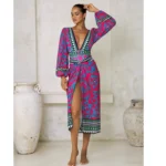 Long-sleeved Peacock Totem Print One Piece Swimsuit and Sarong