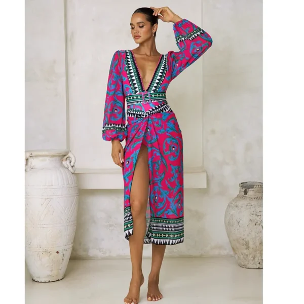 Long-sleeved Peacock Totem Print One Piece Swimsuit and Sarong