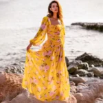 3D Flower Shirring Printed Chiffon Long Sleeves One Piece Swimsuit and Skirt