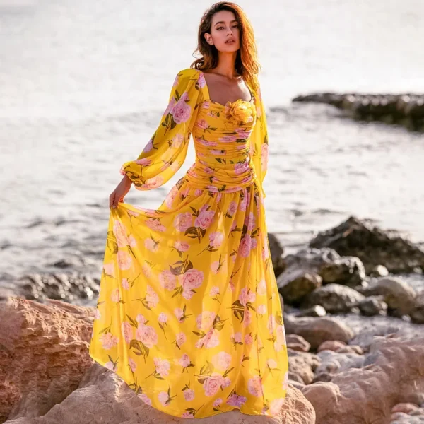 3D Flower Shirring Printed Chiffon Long Sleeves One Piece Swimsuit and Skirt