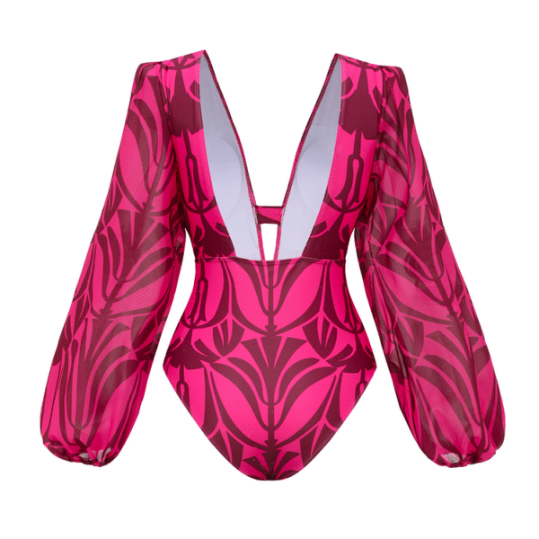 Rose Red Pattern Print Long-sleeved One Piece Swimsuit and Skirt