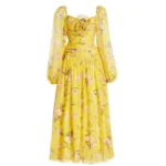 3D Flower Shirring Printed Chiffon Long Sleeves One Piece Swimsuit and Skirt
