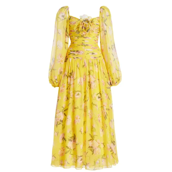 3D Flower Shirring Printed Chiffon Long Sleeves One Piece Swimsuit and Skirt