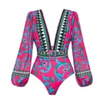 Long-sleeved Peacock Totem Print One Piece Swimsuit and Sarong
