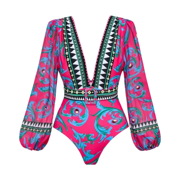 Long-sleeved Peacock Totem Print One Piece Swimsuit and Sarong