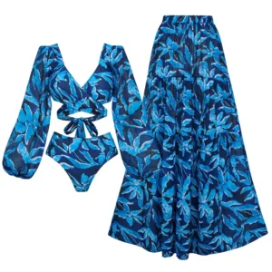 Long-sleeved Back-Tie Design Printed Bikini Swimsuit and Skirt