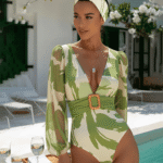 V Neck Long Sleeve Flower Print One Piece Swimsuit and Pants