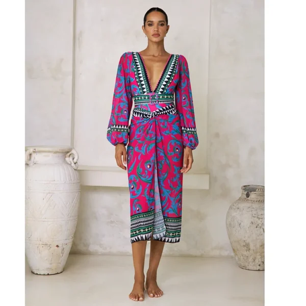 Long-sleeved Peacock Totem Print One Piece Swimsuit and Sarong