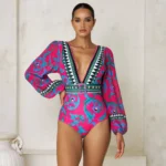 Long-sleeved Peacock Totem Print One Piece Swimsuit and Sarong
