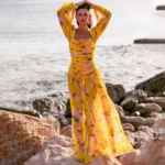 3D Flower Shirring Printed Chiffon Long Sleeves One Piece Swimsuit and Skirt