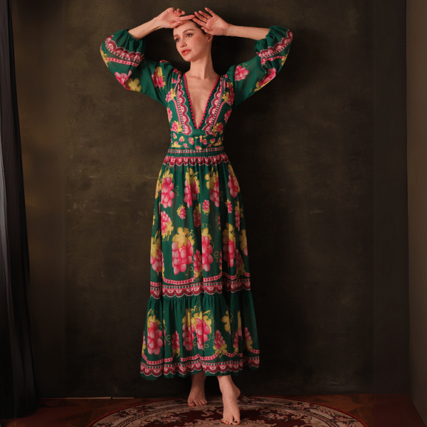 Long-sleeved Retro Green Grapes Print One Piece Swimsuit and Skirt