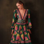 Long-sleeved Retro Green Grapes Print One Piece Swimsuit and Skirt