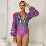 Long-sleeved Peacock Totem Print One Piece Swimsuit and Sarong