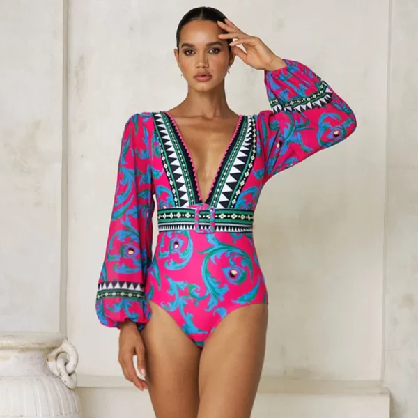 Long-sleeved Peacock Totem Print One Piece Swimsuit and Sarong