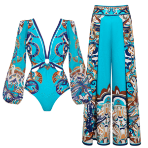 Butterfly and Dragonfly Long Sleeve Hollow Print One Piece Swimsuit and Skirt