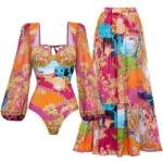 Long Sleeve Shell Chest Pad Printed One Piece Swimsuit and Skirt