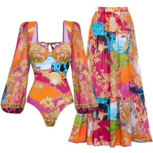Long Sleeve Shell Chest Pad Printed One Piece Swimsuit and Skirt