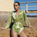 V Neck Long Sleeve Flower Print One Piece Swimsuit and Pants