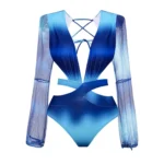 Gradient Blue Deep V Long Sleeve One Piece Swimsuit and Pants